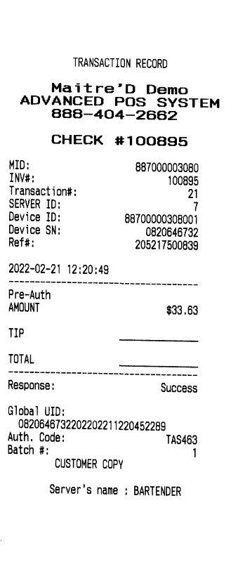Transaction Record - Customer Copy
