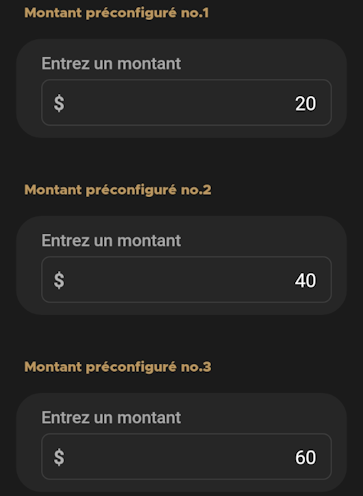 Modification de la valeur des préréglages du montant de la remise en argent