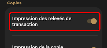 Options de l'imprimante Impression des reçus activée
