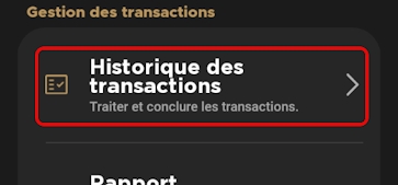 Menu Paramètres Historique des transactions