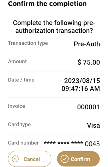 Pre-authorization completion confirmation screen