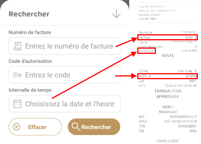 Rechercher une transaction avec liens vers relevé de transaction