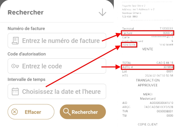 Rechercher une transaction avec liens vers relevé de transaction