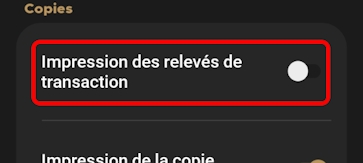 Options de l'imprimante Impression des reçus desactivé