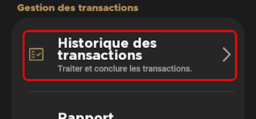 Menu Paramètres Historique des transactions