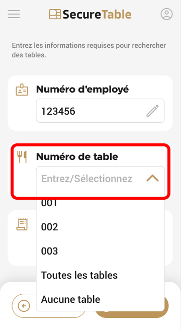 Invite de numéro de table