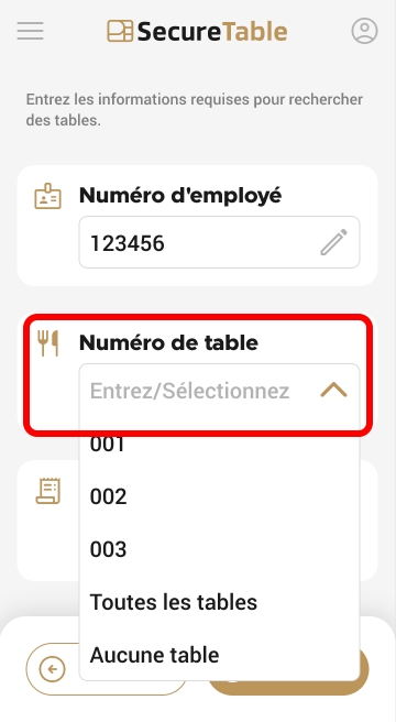Invite de numéro de table