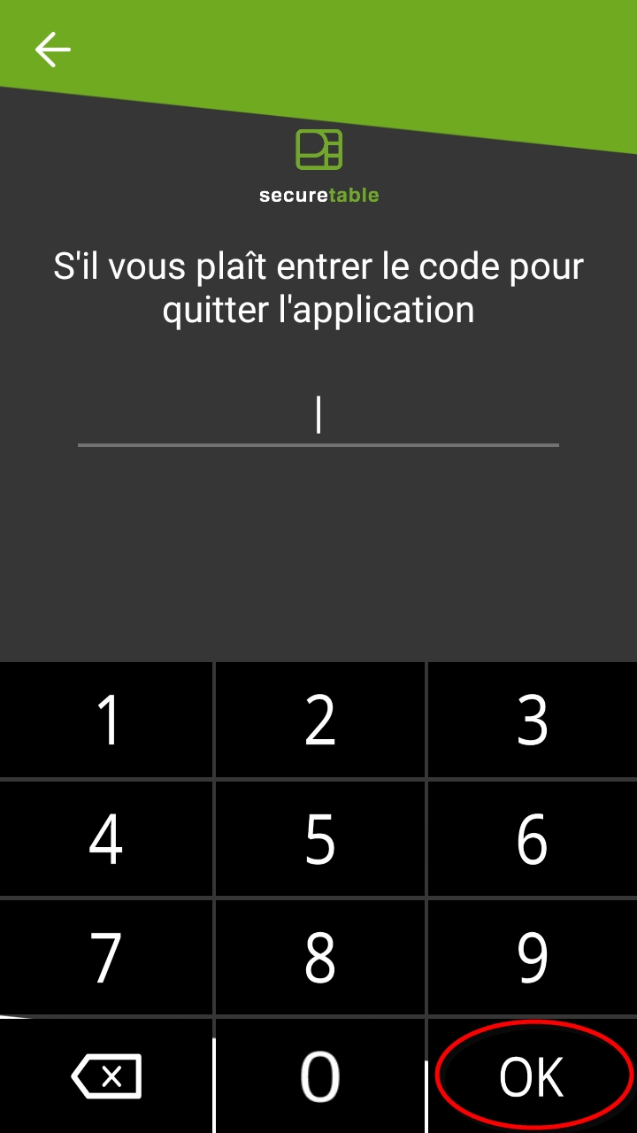 Capture d'écran SecureTable - Code d'accès pour quitter