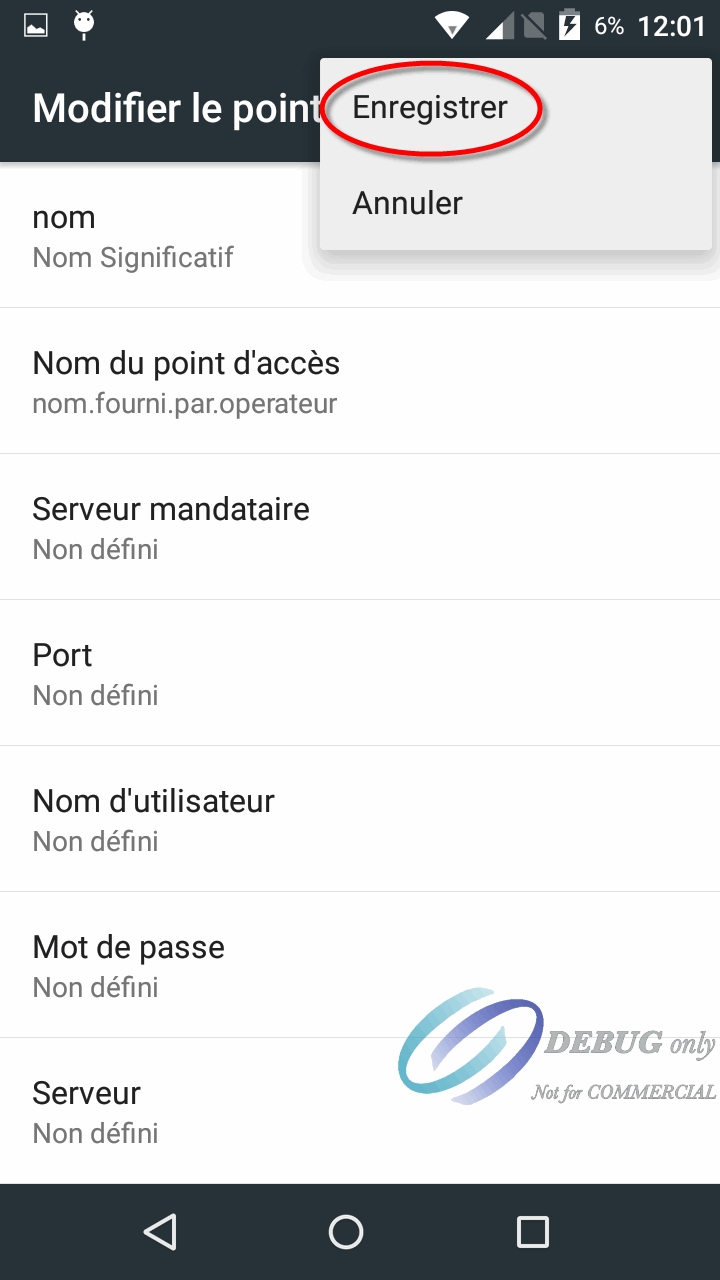 Capture d'écran Android - Enregistrer l'APN