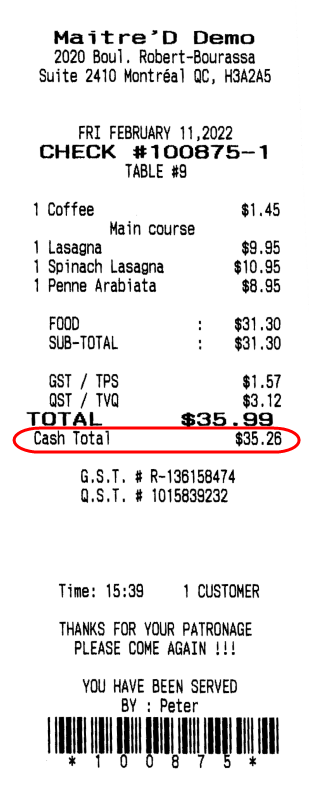 Guest Check with Cash Total