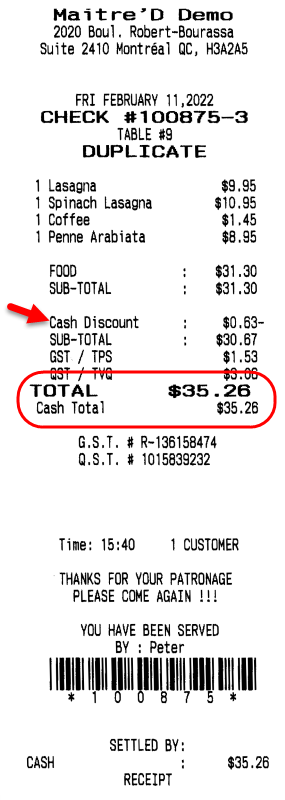 Receipt after cash discount