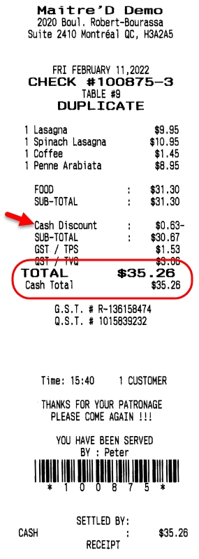 Receipt after cash discount