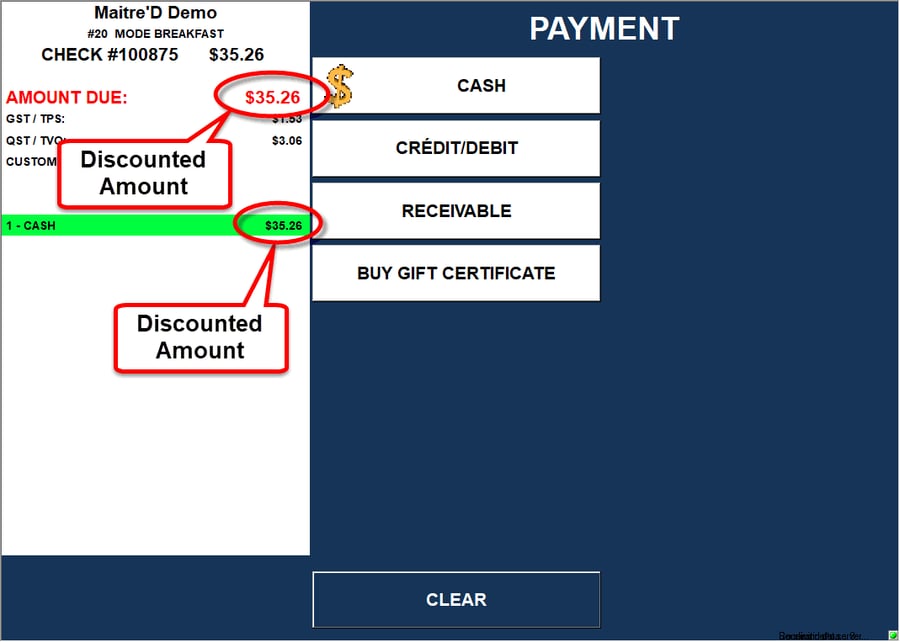 Payment Screen - Cash Payment Applied