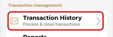 Settings menu Transaction history