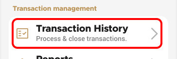 Settings menu Transaction history