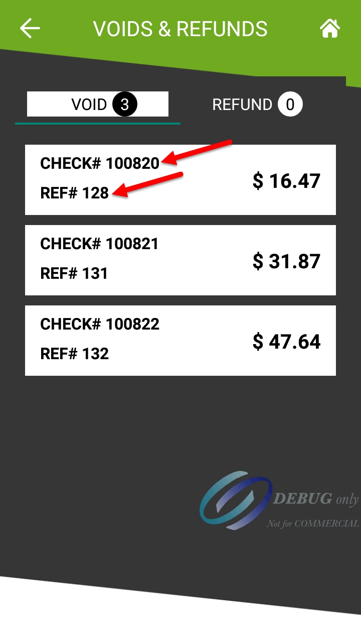 Void & Refunds list with highlights